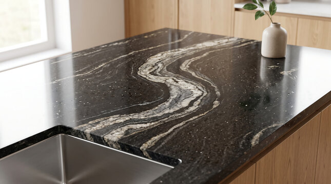 Black granite kitchen countertop with white veining beside stainless steel sink in modern interior