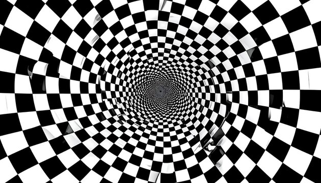 A black and white optical illusion of a spiral checkerboard pattern tapering into a dark center