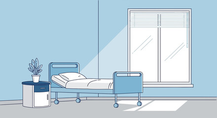 Fototapeta premium Hospital Room Interior Illustration With Bed Plant And Window Minimalistic Design