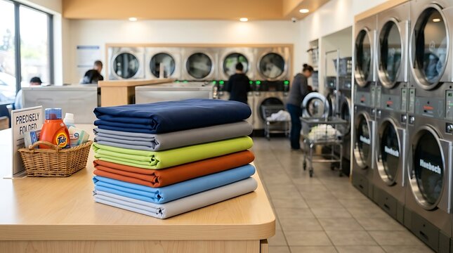 Stack of folded colorful clean laundry on a wooden table inside a bright public self service laundromat shop