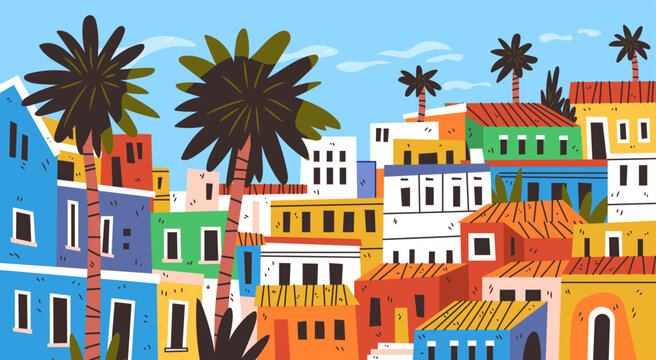 Mediterranean coastal scene colorful houses palm trees blue sky abstract architecture cityscape vibrant buildings cartoon style banner
