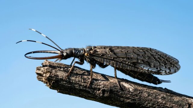 dobsonfly insect on tree branch in great smoky mountains usa clear daylight close up video