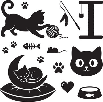 Cute Cat And Kitten Playful Elements Silhouette Clipart Set
