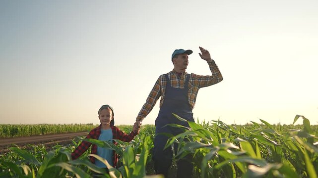 Boy points hand over corn field. Father holds boy steady. Nature on farm peaceful. Rural corn leaf shines. Holding hands across field rows. Learning farm world father. Corn rows show green leaf veins.
