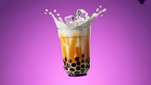Plastic cup of brown sugar boba milk tea with ice cubes, milk splashing, and dark tapioca pearls against a solid purple background