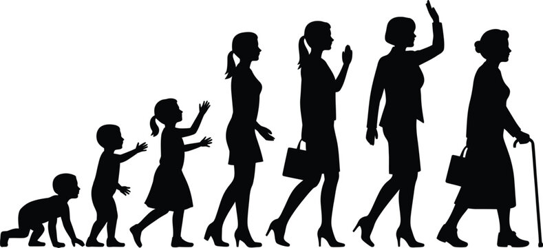 Female life stages silhouette collection showing human growth from infancy to old age, black vector illustration isolated on white
