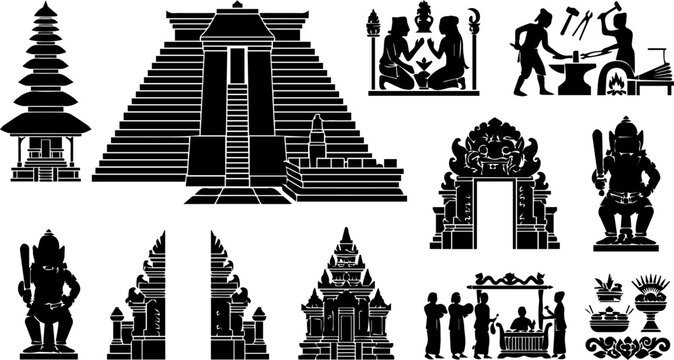 Ancient Temple and Lighthouse Silhouette Set &ndash; Pyramid, Heritage Landmark, Cultural Architecture Icons
