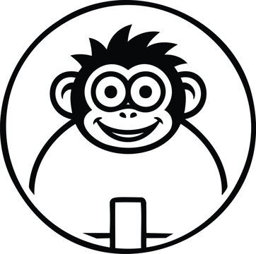 Smiling monkey face in circle with mobile phone graphic illustration