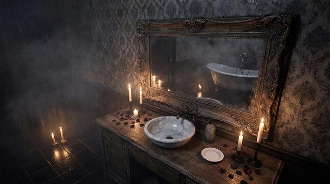 Antique Mirror Vanity in Decaying Gothic Bathroom for Luxury Thriller Campaigns
