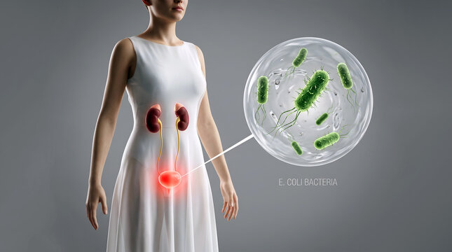 Medical illustration of female urinary tract system showing inflamed bladder and magnified e coli bacteria