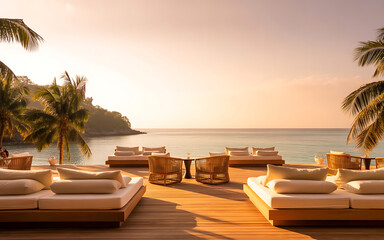 Fototapeta premium Wooden deck with lounge beds and wicker chairs overlooking the ocean at sunset, framed by tropical palm trees on a coastal hillside