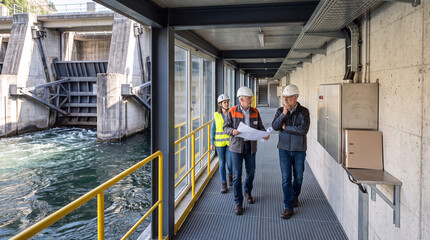 Fototapeta premium Engineers Walking Service Corridor Inside European Hydropower Facility