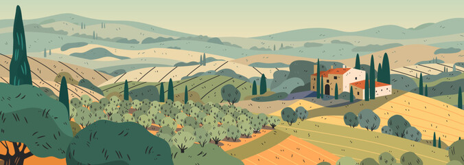 Obraz premium Tuscany Olive grove Italy rural landscape farmhouse rolling hills cypress trees scenic countryside fields panoramic banner template
