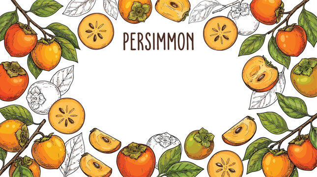 Artistic Hand Drawn Persimmon Fruit Vector Illustration for Organic Food Packaging and Botanical Brochure Design Featuring Vibrant Orange Autumn Harvest Elements on Isolated White Background