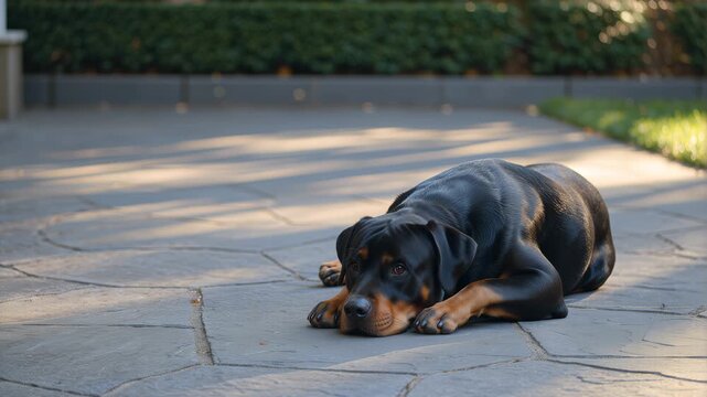 Relaxed rottweiler dog resting on a backyard stone patio. 4K Video