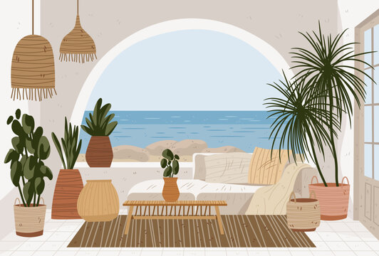 Mediterranean coastal aesthetic interior living room sea view natural rattan decor houseplants arched window neutral colors modern home