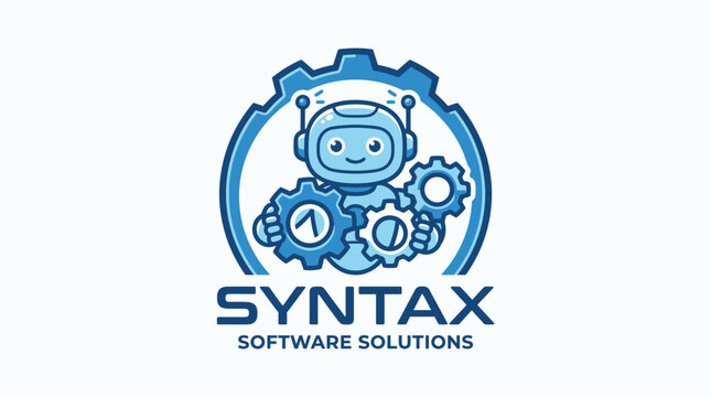 blue robot logo with gear.