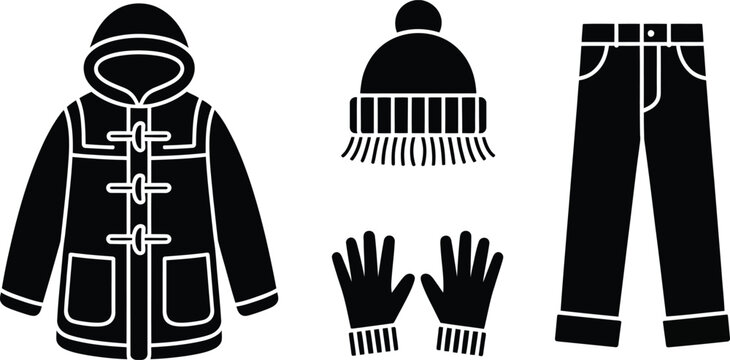 Winter clothing accessories vector illustration featuring hooded duffle coat, knit beanie, gloves, cuffed jeans, isolated black silhouette apparel collection design