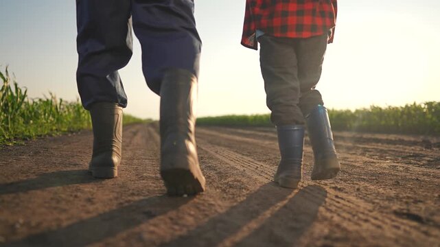 Farmer walks dirt road guiding boy. Boots press warm road near field. Child walks close by farmer. Sunset lights summer field. Walking road boy builds calm bond. Farmer enjoys boy smile summer field.