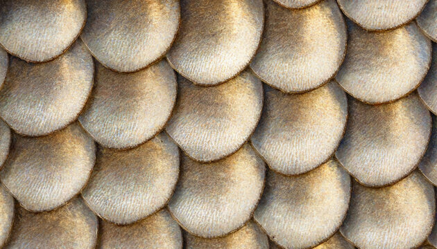 Close up macro texture of overlapping fish scales in a metallic gold and silver gradient pattern creating a shimmering and reflective surface