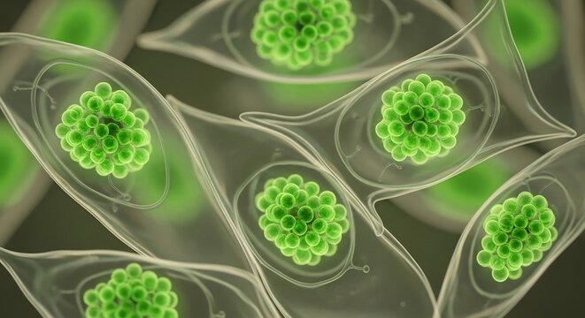 Microscopic view of green spherical structures within transparent cells