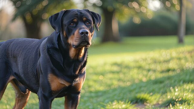 Majestic rottweiler dog standing in a sunlit green park at sunset. 4K Video