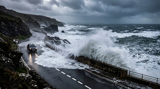 A car driving on a coastal road during a powerful storm with massive ocean waves crashing against the sea wall
