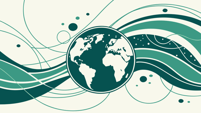 Global earth with abstract flowing waves and circular lines representing connectivity, sustainability, communication, and environmental harmony