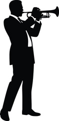 Trumpet musician silhouette performing live jazz concert, black male performer vector illustration isolated on white background for commercial use © MstDulali