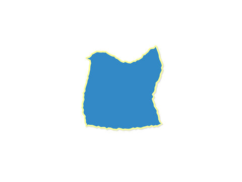 A detailed blue silhouette map of the state of oregon with a yellow border