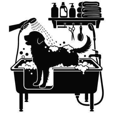 Pet grooming salon scene showing dog bath time with soap and accessories