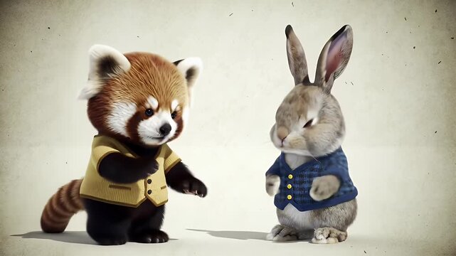 A red panda and a rabbit, dressed in miniature outfits, stand facing each other with a gentle gaze.