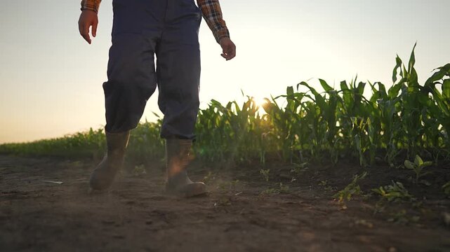 Boots walk dusty farm soil. Man near corn field. Hand by side under sunlight. Walking moves boots through soil. Farmworker walks near corn rows. Soil dark under boots. Sunlight shines trail.
