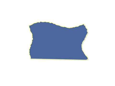 A detailed blue silhouette map of the state of oregon with a yellow border