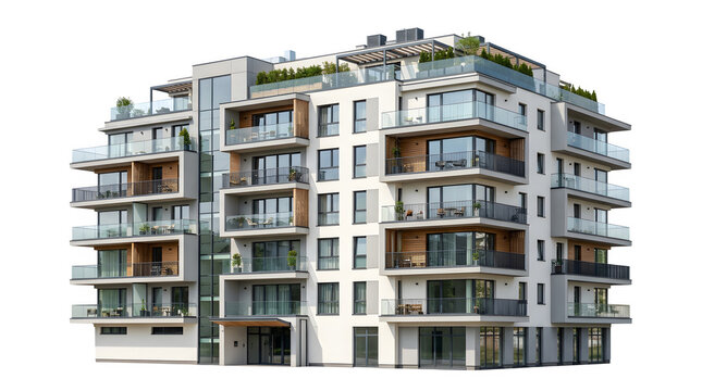 Modern apartment building exterior with balconies and rooftop garden isolated on transparent background