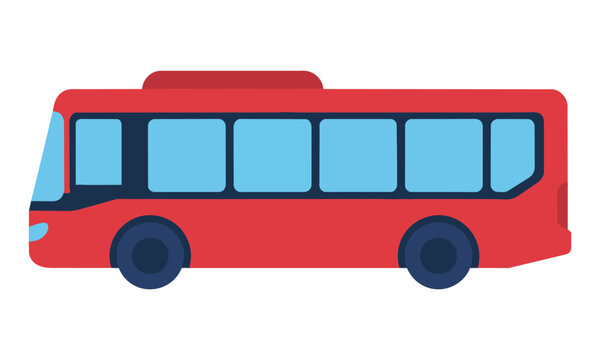 Side view of a modern red city bus with rounded shapes and blue windows on a white background, minimalist urban transportation concept