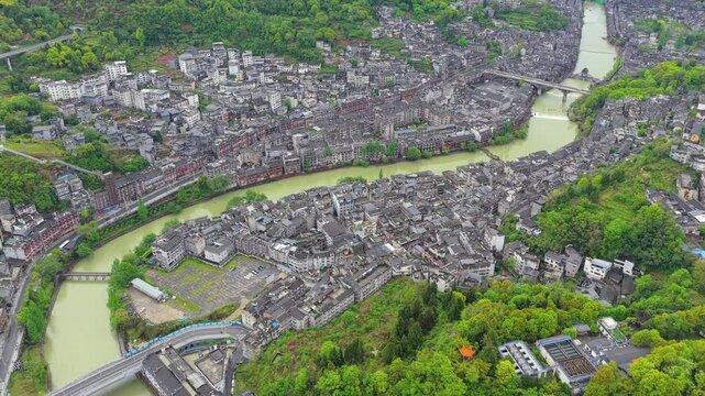Aerial View of Fenghuang Ancient City Town, Hunan Province, China