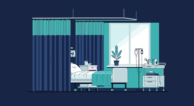 Hospital Room Interior Illustration Of Patient Bed And Medical Equipment Clean Aesthetic