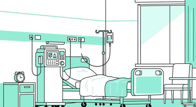 Hospital Room Interior Illustration Of Patient Bed And Medical Equipment Depiction