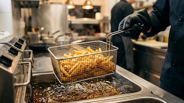 Professional chef cooking fresh crispy french fries in a metal frying basket inside a busy restaurant kitchen