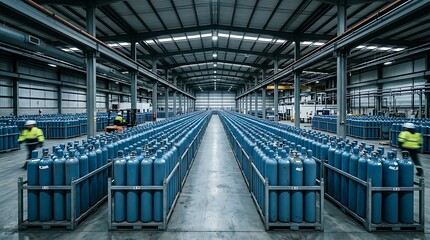 Naklejka premium Rows of blue gas cylinders stored on pallets inside a large industrial factory warehouse with workers present