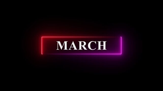 Abstract March text icon animation. Neon shine month March text sign icon animation on isolated on black background.4k motion video.