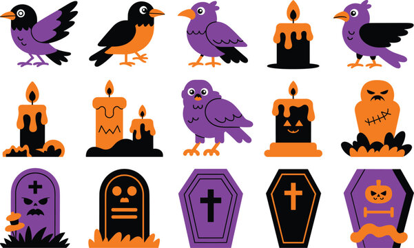 Colorful collection of halloween sticker style items with birds candles graves and coffins