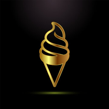 Golden soft serve ice cream cone outline isolated on black background.