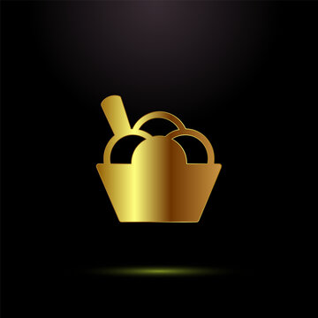 Golden ice cream sundae bowl with scoops and spoon outline design.