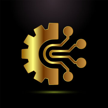 Golden gear with integrated circuit icon for technology and industrial concepts.