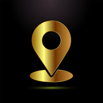 Shiny gold icon of a location pin with a shadow on a black background.