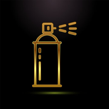 Shiny gold line art icon of a spray can with mist on a black background.