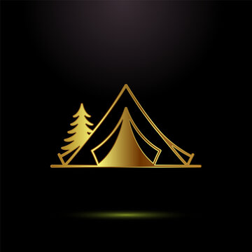 Shiny gold line art icon of a tent and a pine tree on a black background.