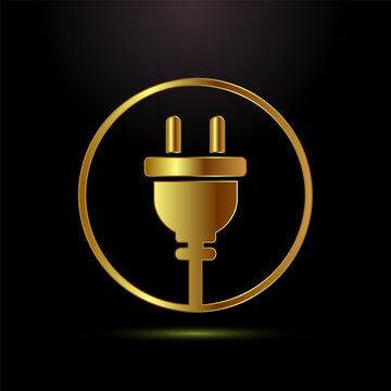 Shiny gold icon of an electric plug within a circle on a black background.